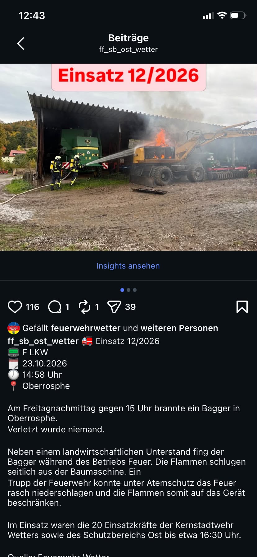 Bagger brennt in Oberrosphe